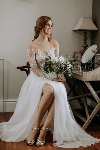 Sheer Lace Long Sleeves Floor Length Wedding Dress With Slit