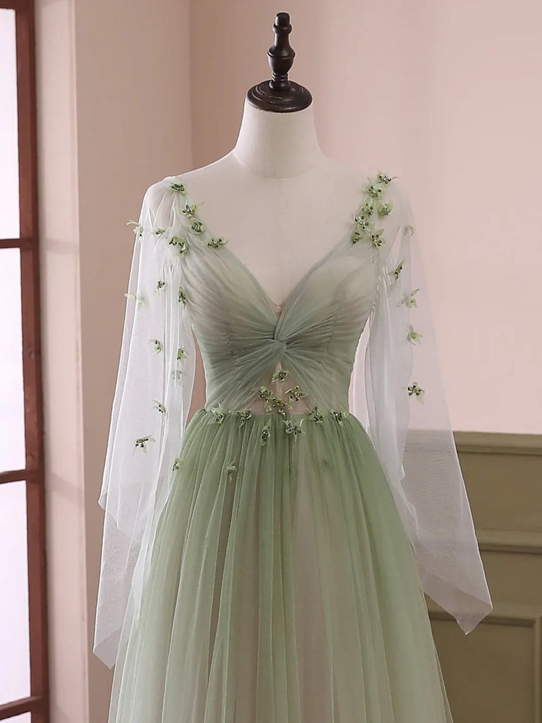 2023 Sage Green Tulle Long Sleeve 3D Flower Prom Dress Sassymyprom 2023 Sage Green Tulle Long Sleeve 3D Flower Prom Dress Sassymyprom