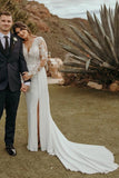 V Neck A Line Long-sleeve Chiffon Wedding Dress With Slit