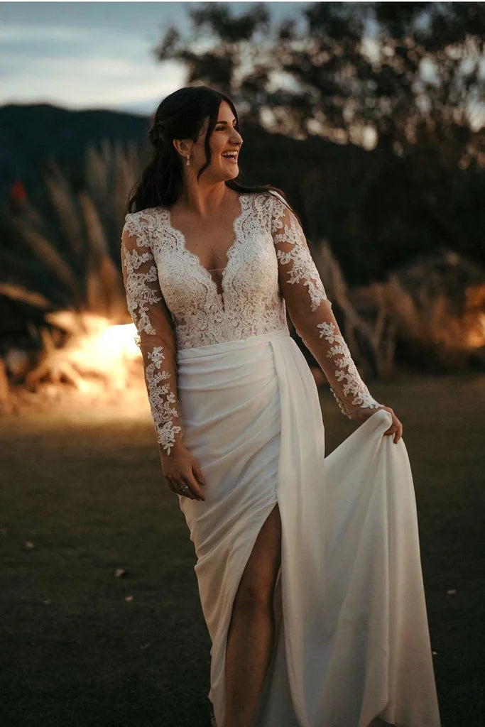 V Neck A Line Long-sleeve Chiffon Wedding Dress With Slit US14 / As the picture V Neck A Line Long-sleeve Chiffon Wedding Dress With Slit US14 / As the picture