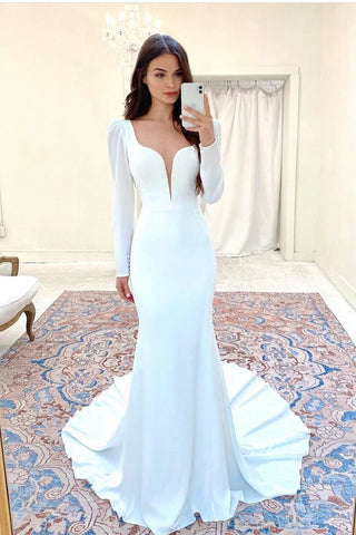 Deep V Neck Trumpet Mermaid Long Sleeve Wedding Dress