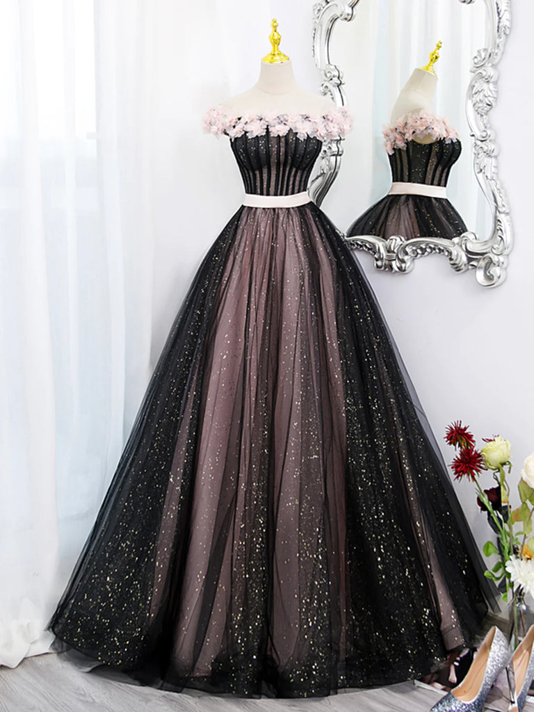 Black prom dress with pink flowers best sale