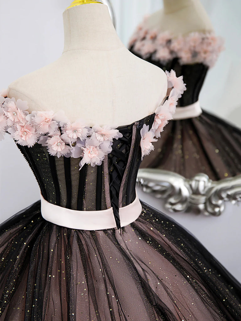 Black Tulle and Pink Flowers Party Dress, Black Off Shoulder Sweet 16 Dress US 10 / Custom Color Black Tulle and Pink Flowers Party Dress, Black Off Shoulder Sweet 16 Dress US 10 / Custom Color