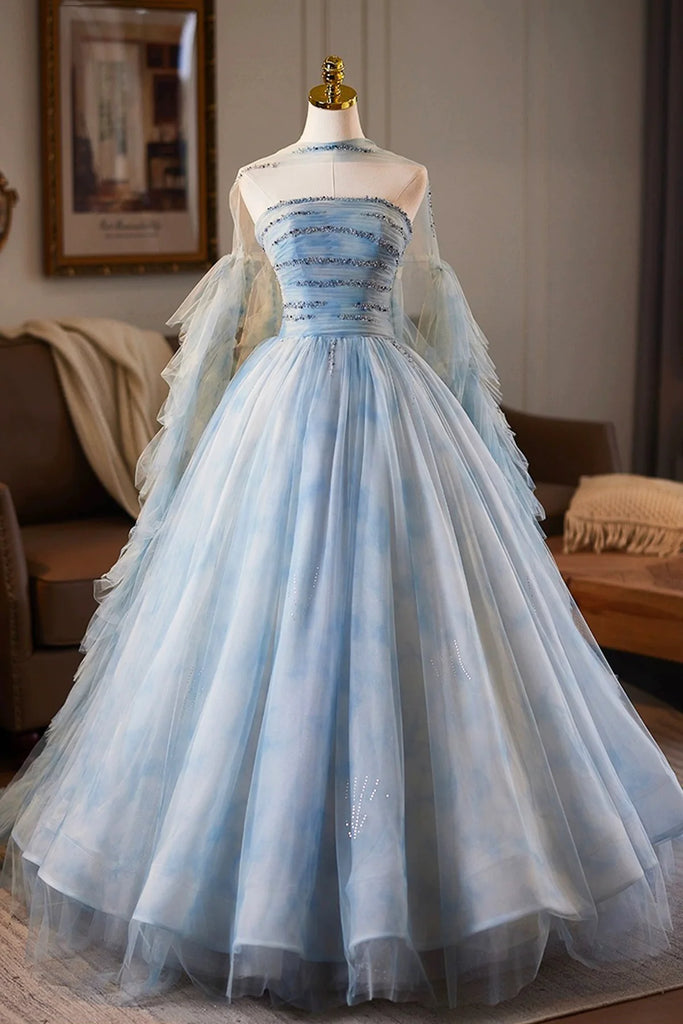 Blue Printed Pattern Tulle Long Prom Dress, Blue A-Line Evening Party Dress with Cape US 8 / Floral Blue Printed Pattern Tulle Long Prom Dress, Blue A-Line Evening Party Dress with Cape US 8 / Floral