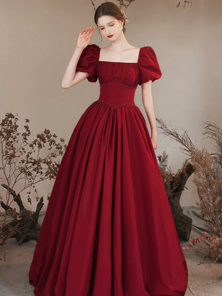 Burgundy puffy top prom dresses