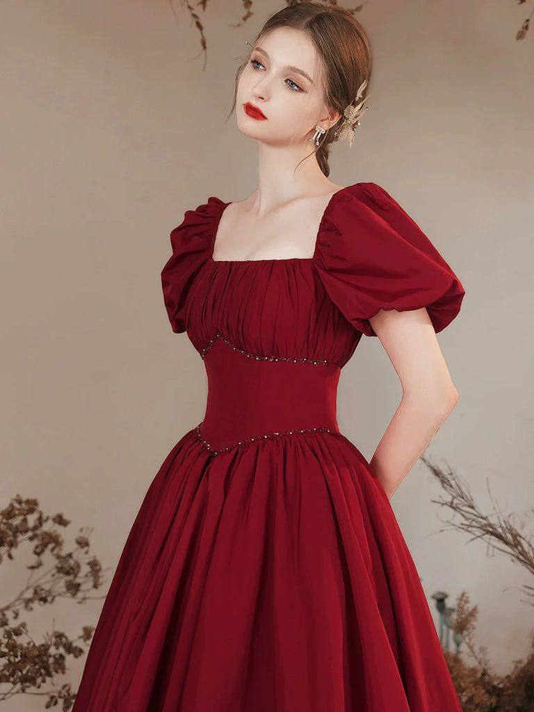 2023 Burgundy Satin Puffy Sleeve Lace Up Prom Dress Sassymyprom