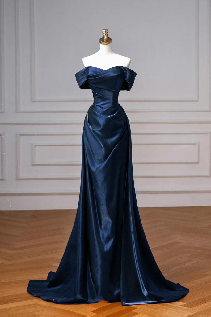 Ruched Satin Navy A Line Off The Shoulder Prom Dress Sassymyprom Ruched Satin Navy A Line Off The Shoulder Prom Dress Sassymyprom