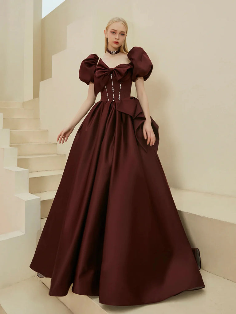 2023 Satin Puffy Sleeve Ball Gown Bow Beading Prom Dress US2 / Blue 2023 Satin Puffy Sleeve Ball Gown Bow Beading Prom Dress US2 / Blue