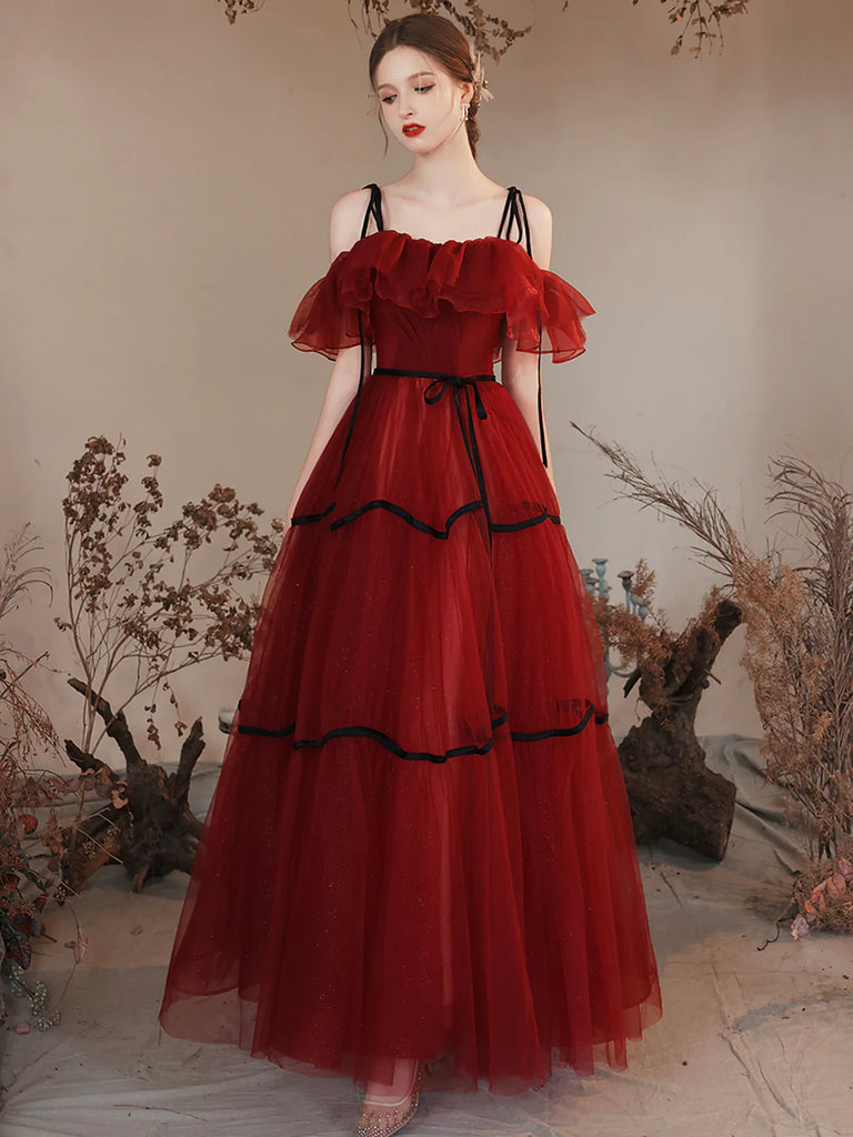 2023 Long Spaghetti Straps Burgundy Tulle Prom Dress Custom Made / Pink 2023 Long Spaghetti Straps Burgundy Tulle Prom Dress Custom Made / Pink