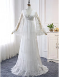 Long Sleeve Lace V Neck Backless Wedding Dress