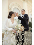 Long Sleeve Ankle Length V Neck Chiffon Wedding Dress