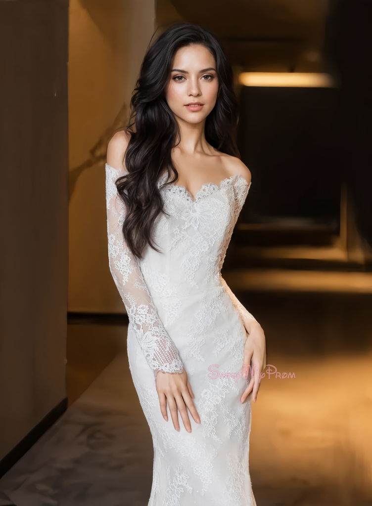Off The Shoulder Lace Long Sleeve Trumpet Mermaid Wedding Dress –  Sassymyprom