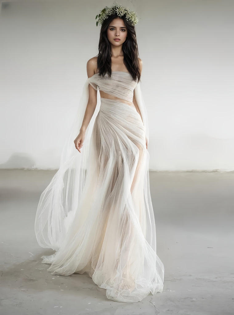 Tulle A Line See Through Off The Shoulder Wedding Dress Custom Made / As The picture Tulle A Line See Through Off The Shoulder Wedding Dress Custom Made / As The picture