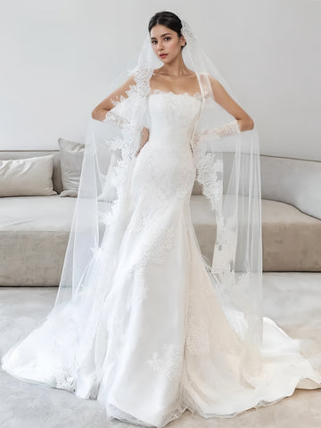 Trumpet Mermaid Appliques Strapless Lace Wedding Dress