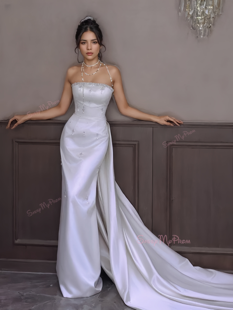 Mermaid Wedding Dress Pearls Beaded Strapless Trumpet Detachable
