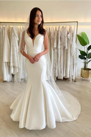 Mesh Plunging Neck Satin Mermaid Wedding Dress