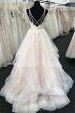 Appliques Backless Deep V Neck Beading Ruffles Wedding Dress