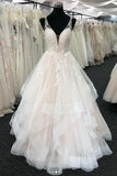 Appliques Backless Deep V Neck Beading Ruffles Wedding Dress