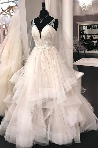 Appliques Backless Deep V Neck Beading Ruffles Wedding Dress