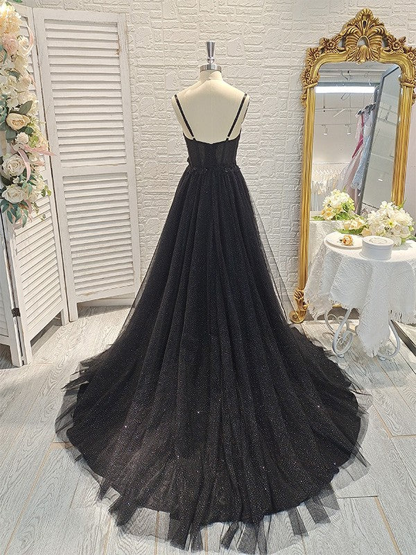 2024 Ruffles Spaghetti Straps Black Tulle Prom Dress – Sassymyprom