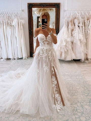 Applqiues Tulle Princess Wedding Dress With Slit
