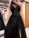 Sparkle Tulle  Black One Shoulder Prom Dress With Slit