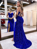 Blue Sequins Sheath Column Feathers Prom Dress With Slit