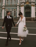 Long Sleeve Tulle V Neck Short Wedding Dress