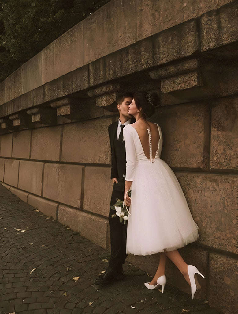 2024 Long Sleeve Tulle V Neck Short Wedding Dress – Sassymyprom