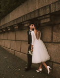 Long Sleeve Tulle V Neck Short Wedding Dress
