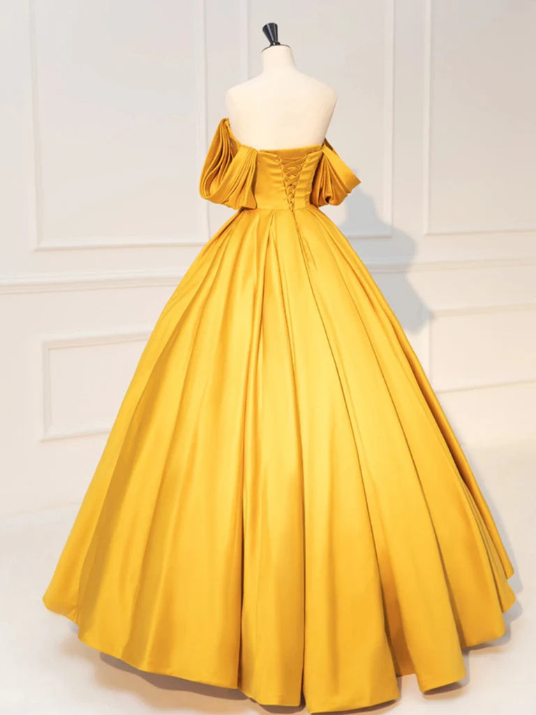 Off Shoulder Yellow Satin A-Line Prom Dress Custom Made / As the picture