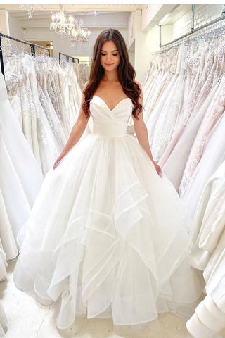 Tulle Ruffles A Line Sweetheart Ruched White Wedding Dress