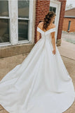 Off The Shoulder Satin A Line Simple Wedding Dress