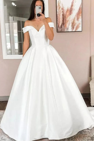 Off The Shoulder Satin A Line Simple Wedding Dress
