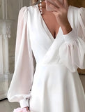 Long Sleeve Ankle Length V Neck Chiffon Wedding Dress