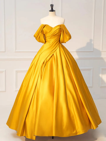 Off Shoulder Yellow Satin A-Line Prom Dress