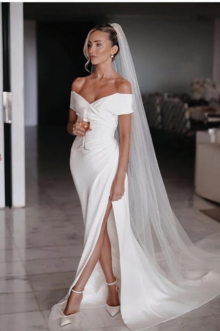 Off The Shoulder Satin Trumpet Mermaid Wedding Dress With Slit