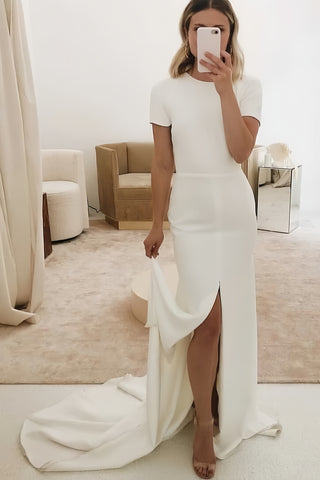Sheath Column Short Sleeves Spandex Wedding Dress With Slit