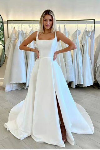 Square Neck Satin A Line Split Side Wedding Dress