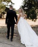 Satin A Line Sweep Train Square Neck Wedding Dress
