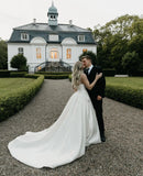 Satin A Line Sweep Train Square Neck Wedding Dress