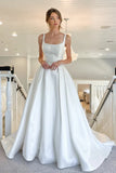 Satin A Line Sweep Train Square Neck Wedding Dress