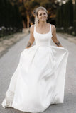 Satin A Line Sweep Train Square Neck Wedding Dress