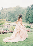 Ruffles Tieres Tulle A Line Pink Strapless Wedding Dress