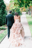 Ruffles Tieres Tulle A Line Pink Strapless Wedding Dress