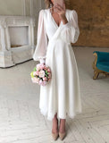 Long Sleeve Ankle Length V Neck Chiffon Wedding Dress