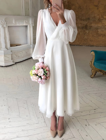 Long Sleeve Ankle Length V Neck Chiffon Wedding Dress