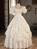 Satin Ball Gown Puffy Sleeves White V-Neck Wedding Dress