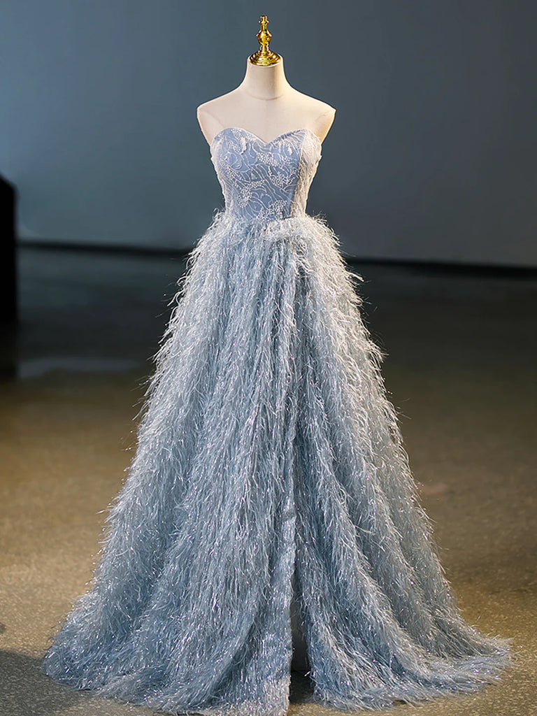 2023 Feather Floor Length Blue A-Line Strapless Prom Dress Sassymyprom 2023 Feather Floor Length Blue A-Line Strapless Prom Dress Sassymyprom