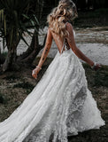 Deep V Neck Lace Appliques Wedding Dress